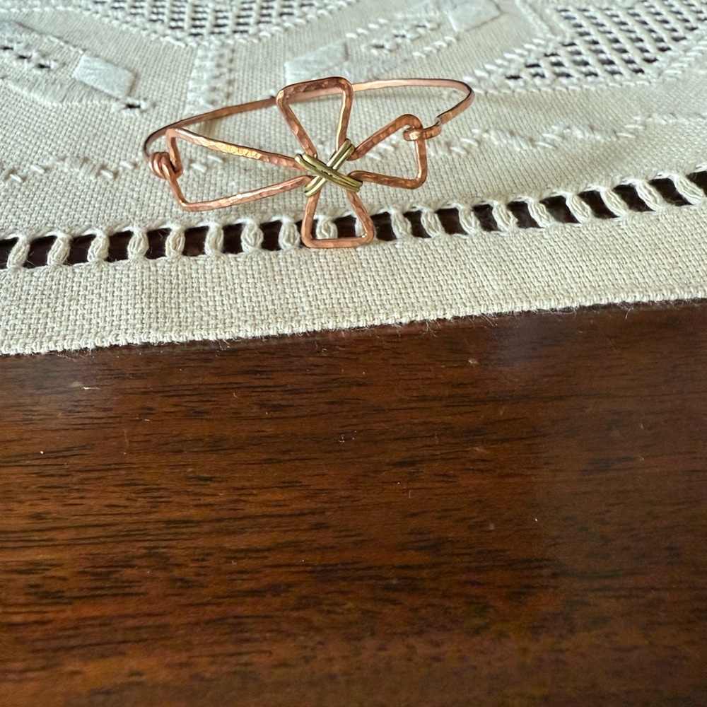 Cross bracelet hammered in Copper wrapped in Brass. Sideways cross.Copper wire.